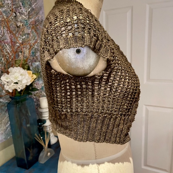 Mandee Cropped Knitted Cup/Slv Bolero-Shrug Cardigan |Brown/Gold |Acrylic/Lurex - Picture 3 of 9